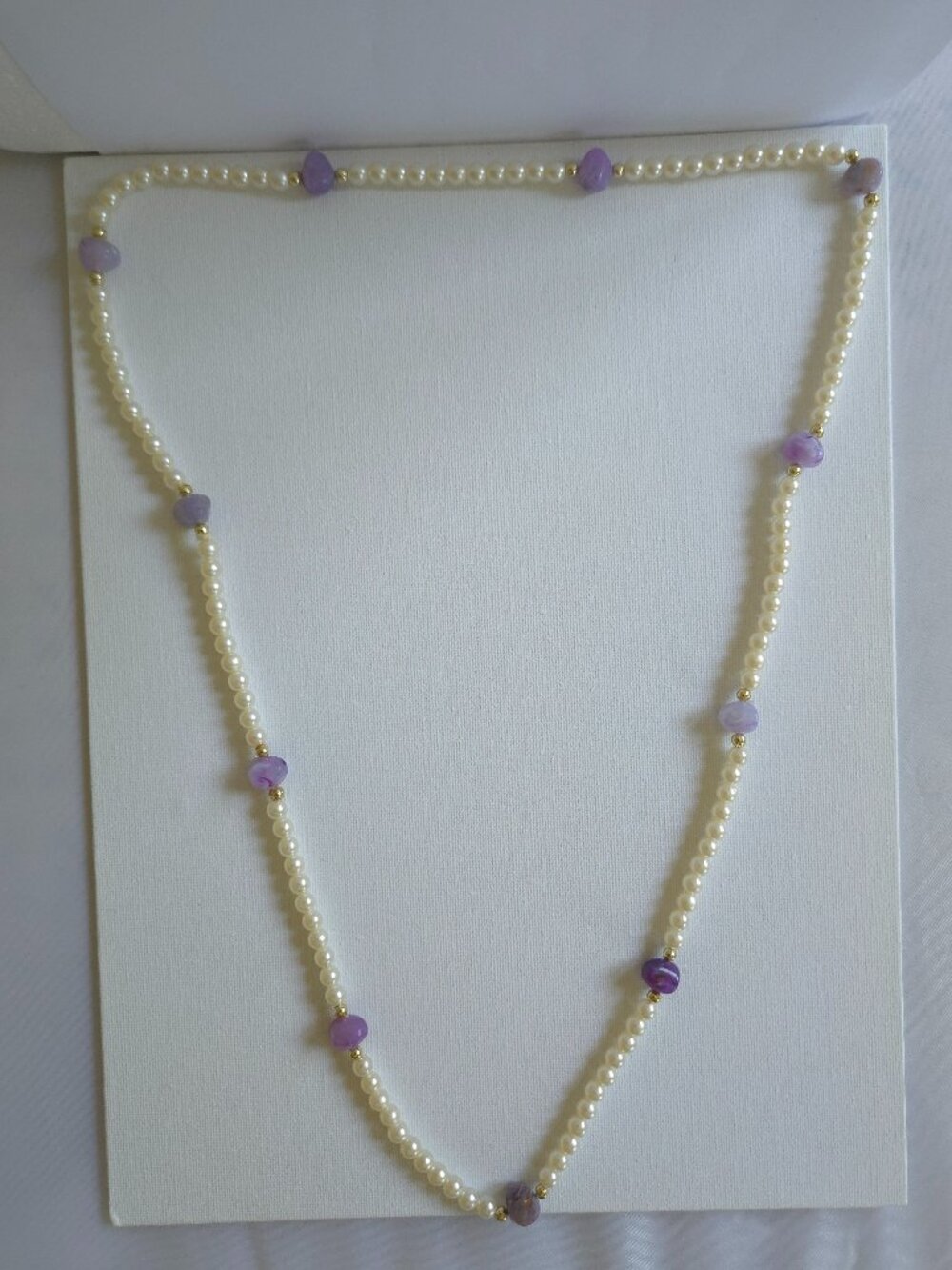 Vintage Long Faux Pearl Strand Necklace Purple Amethyst Glass Necklace
